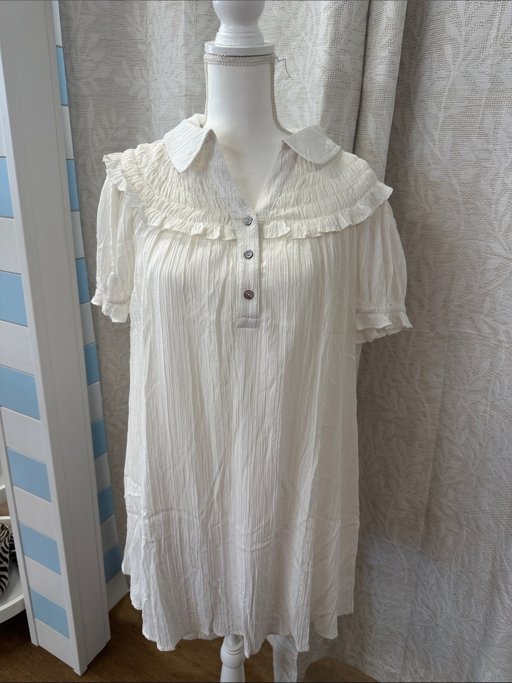 She + Sky Cream Ruffle Collar Button Dress